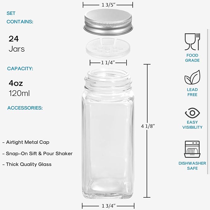 AOZITA 24 Pcs Glass Spice Jars - 4oz Empty Square Spice Bottles Containers - Image 2