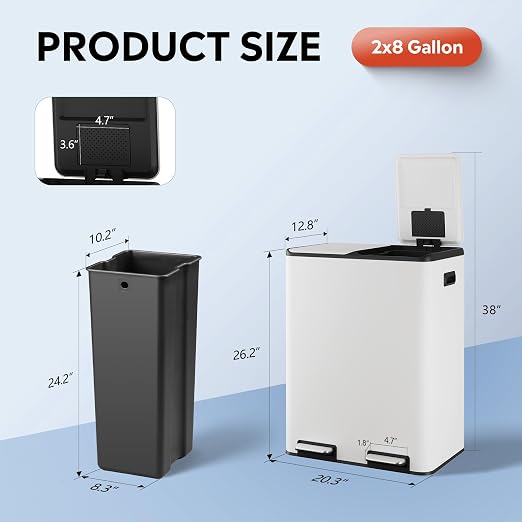 WLIVE 2 x 8 Gallon Stainless Steel Dual Trash Can, Double Trash Can Kitchen - Image 3