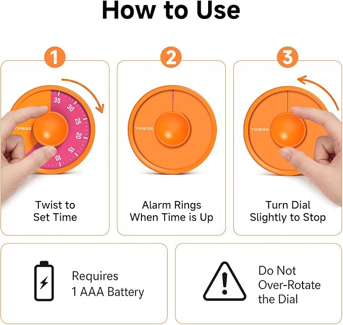60-Minute Visual Timer, Twist to Set, Loud Battery-Powered Alarm, - Image 5