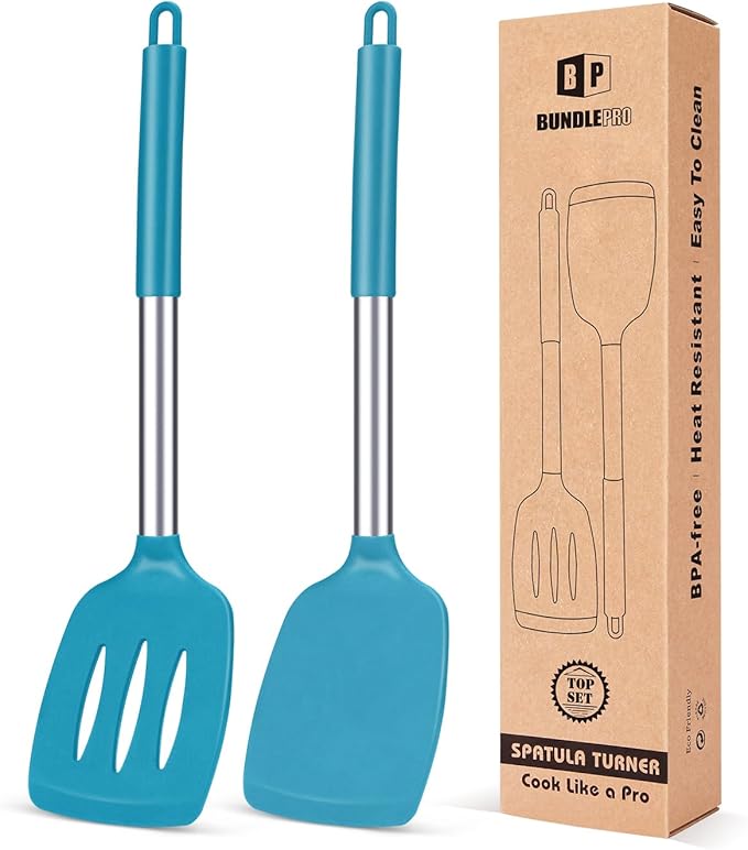 Pack of 2 Silicone Solid Turner, Non Stick Slotted Kitchen Spatulas, High Heat by BUNDLEPRO