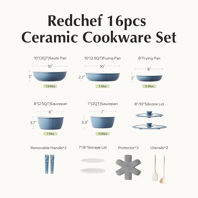 Redchef 16pcs Ceramic Nonstick Pots and Pans Set, Kitchen Cookware Set - Image 9