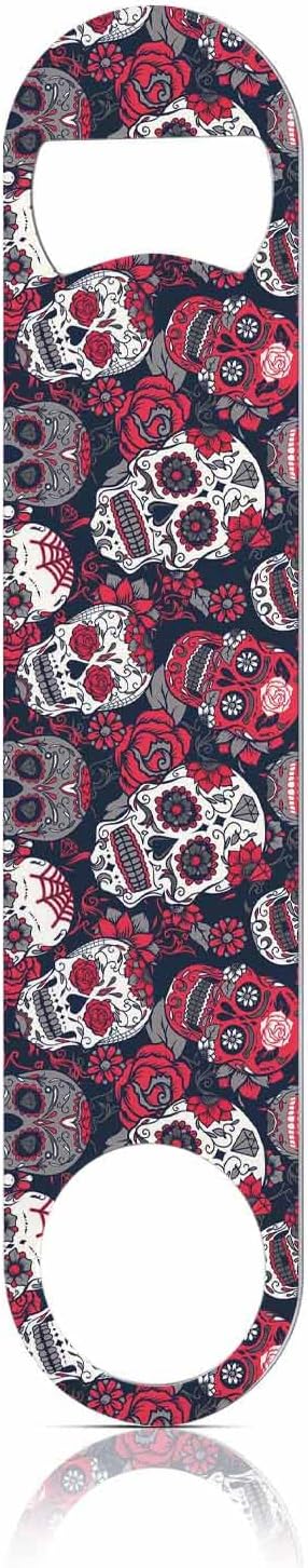 Skull and Flowers Stainless Steel Bottle Opener Day of The Dead Skull Red Peony by TASDANA