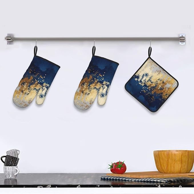Blue and Gold Watercolor Abstract Oven Mitts and Pot Holder Sets of 3, Non-Slip - Image 2