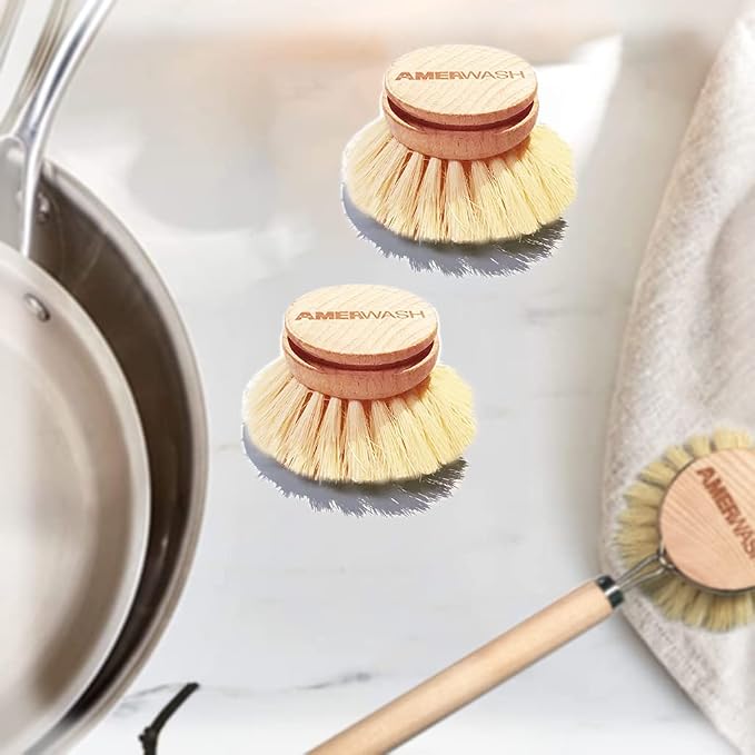 AMERWASH PLUS Classic Dish Brush Replacement Head 3 Packs, Natural Bristle - Image 7