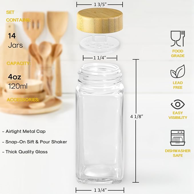 AOZITA 14 Pcs Spice Jars with Bamboo Lids - 4oz Square Spice Bottles with Spice - Image 3