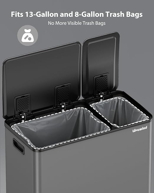Dual Trash and Recycling Bins for Kitchen, 13.2 + 5.2 Gal Stainless Steel Trash - Image 7