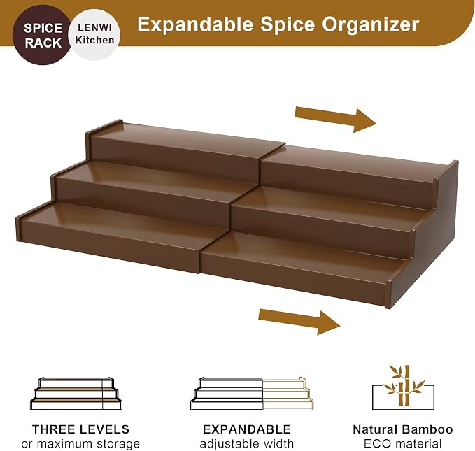 Lenwi Spice Rack Organizer for Cabinet 2 Pack, 3 Tier Expandable Bamboo Spice - Image 4