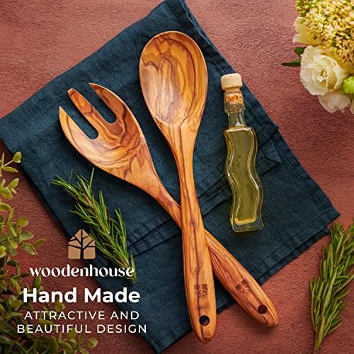 Wooden Salad Tongs, 12" Olive Wood Serving Fork & Spoon Utensils Set