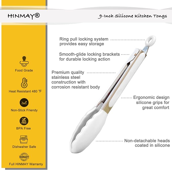 HINMAY Silicone Kitchen Tongs 9-Inch Stainless Steel Basics Tongs - Image 2