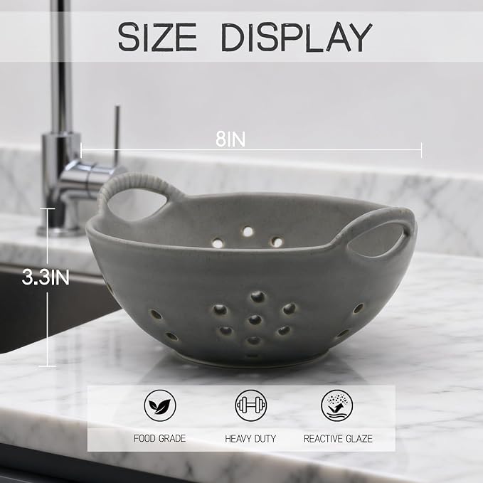 Matte Glaze Ceramic Berry Colander Bowl - Image 3