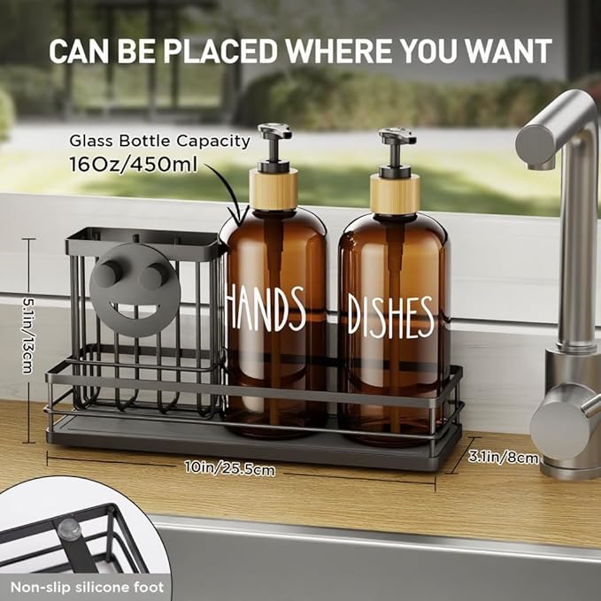 Moforoco Kitchen Dish Soap Dispenser Set, 16OZ Glass Bottle, Hand and Dish Soap - Image 3