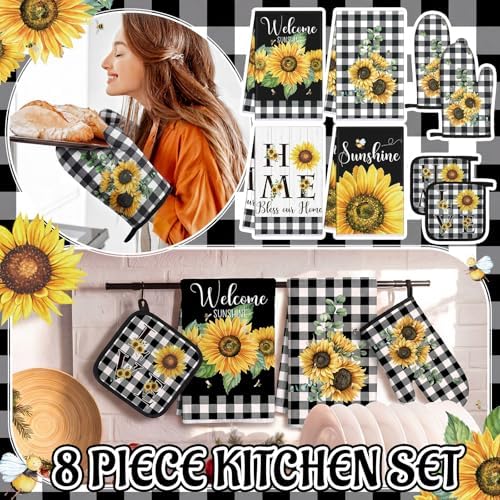 Leinuosen 8 Pcs Sunflower Plaid Kitchen Towels Dishcloths Accessories