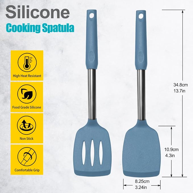 2 Pack Spatulas, Solid & Slotted Silicone Spatula Set, Stainless Steel Handle - Image 2