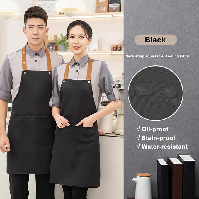 Kitchen Bib Apron with Pockets, Women Men Adjustable Neck Strap Water Resistant - Image 2