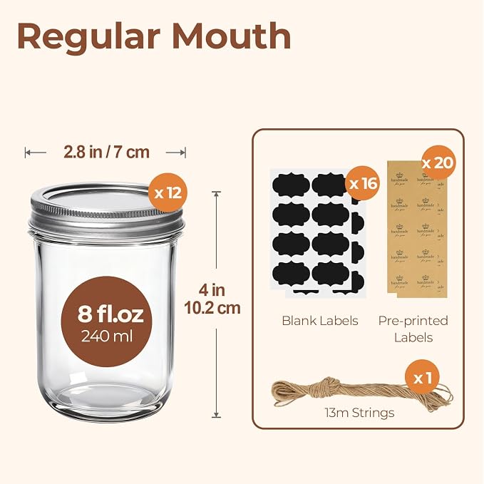 ComSaf Small Mason Jars 8 oz 12Pcs Bulk Set, Half Pint Regular Mouth Mason Jar - Image 2