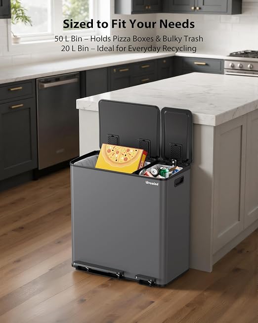 Dual Trash and Recycling Bins for Kitchen, 13.2 + 5.2 Gal Stainless Steel Trash - Image 2