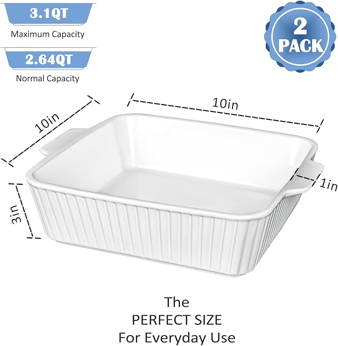 10" Square Ceramic Casserole Dish Set of 2-2.6 Qt Deep Baking Dishes - Image 3
