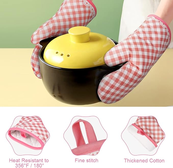 AUAUY Pink Oven Mitts, Kitchen Mittens, 392F Heat Resistant Non-Slip Gloves - Image 3