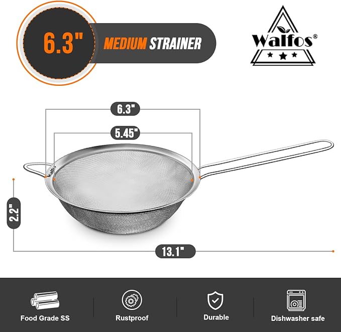 Walfos 6.3 Inch Fine Mesh Strainer, Premium Stainless Steel Sieve and Sifter - Image 5