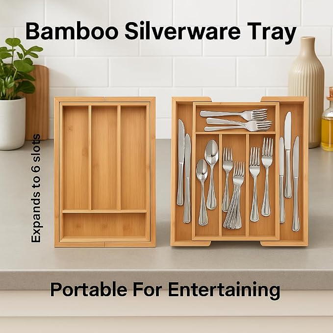 HIC Kitchen Expandable 6-Slot Silverware Cutlery Utensil Storage Tray, Natural - Image 2