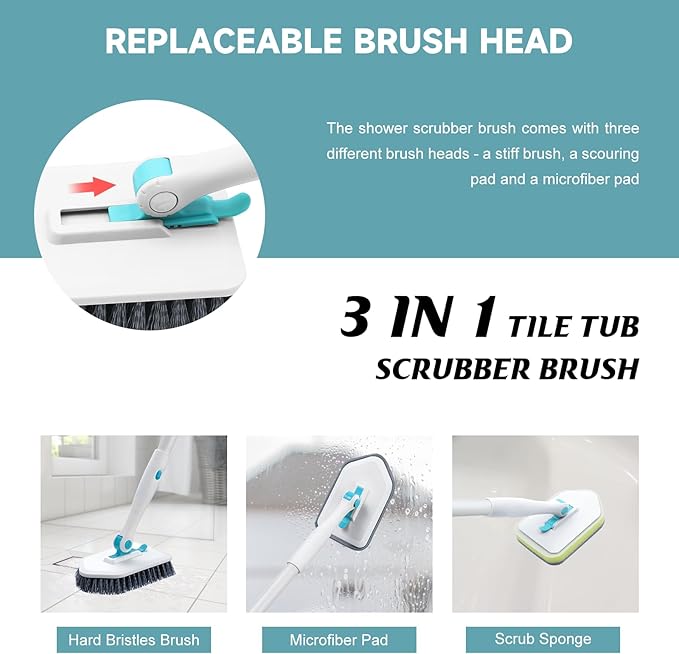 nacena Shower Scrubber with Long Handle, 4 in 1 Tile Tub Scrubber Brush with 3 - Image 5