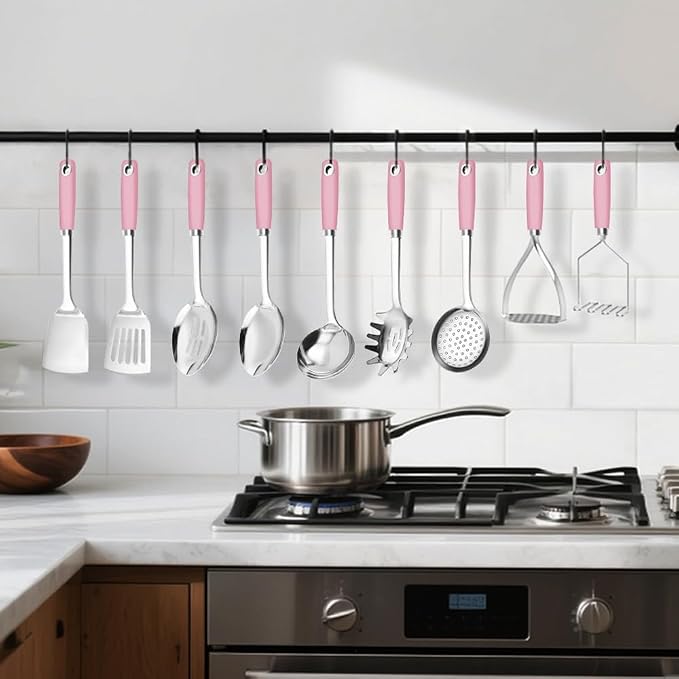 18/0 Stainless Steel Cooking Utensils Set, Heavy Duty Pink Handle - Image 6