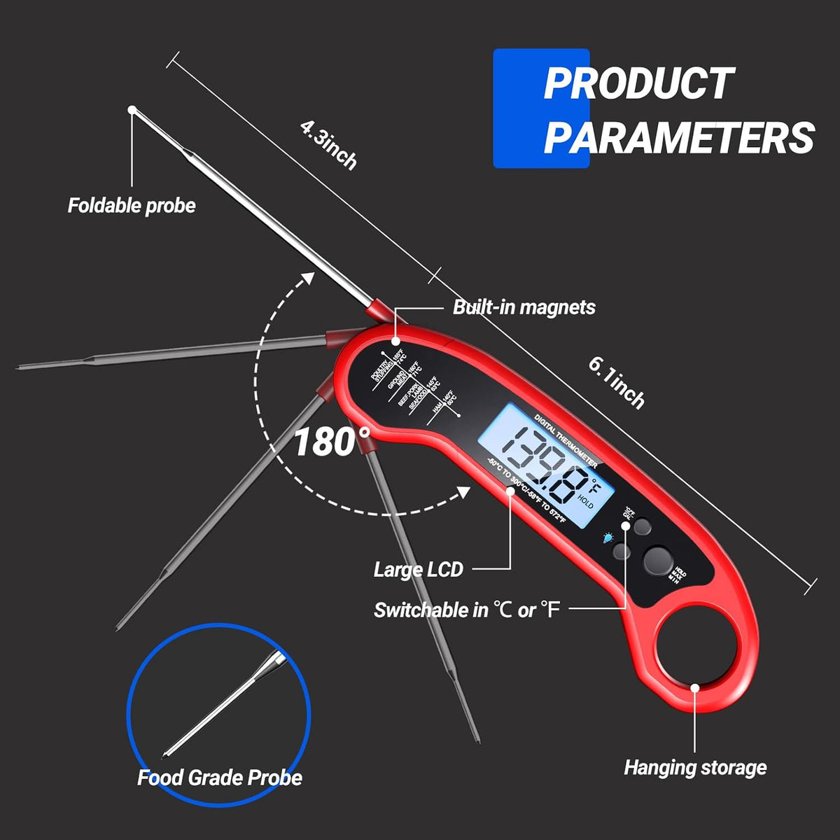Low Light Grilling Meat Thermometer, Instant Read Food Thermometer