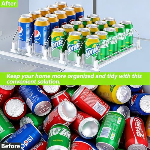 Adjustable White Fridge Organizer, Automatic Can Dispenser