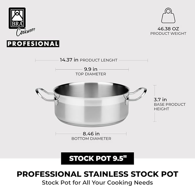 BRA COOKWARE Profesional 18/10 Stainless Steel Stock Pot w/Glass Lid | 9.5 Inch - Image 3
