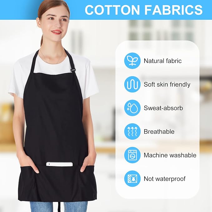 Jubatus 2 Pack 3 Pockets 100% Cotton Adjustable Bib Apron Chef Kitchen Cooking - Image 4