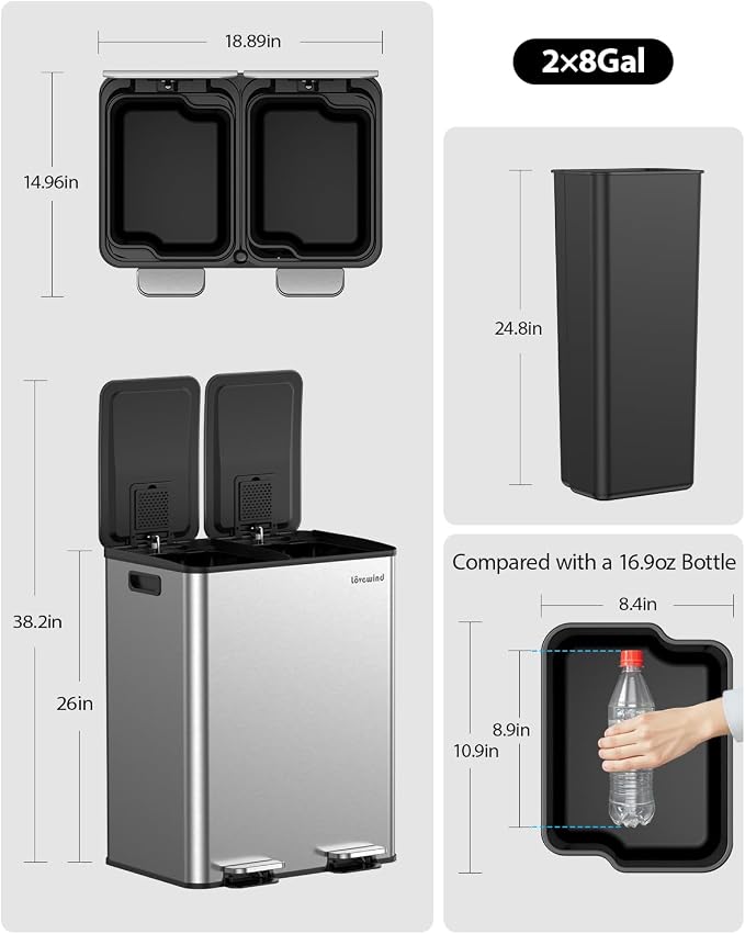 Lovewind Kitchen Trash Can, 2 x 8 Gallon Stainless Steel Trash and Recycle Bin - Image 6