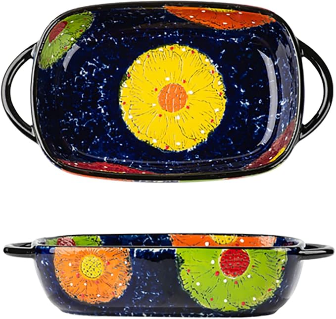 Vintage Style Pottery Bakeware Colorful Daisy Pattern Ceramic Casserole Dish by Bicuzat