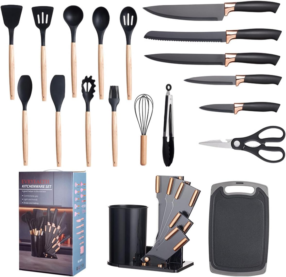 19 PCS Kitchen Cooking Utensils and Knife Set with Holder Block