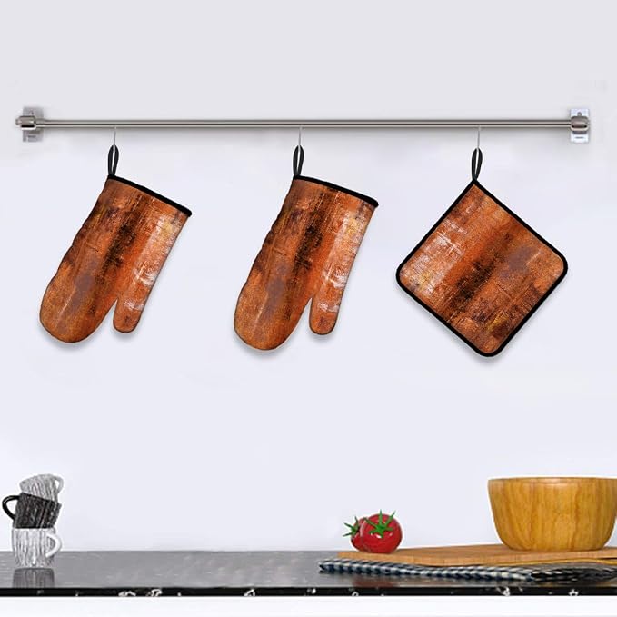 LOKMU Oven Mitts and Pot Holders Set of 3, Burnt Orange Abstract Art Heat - Image 5