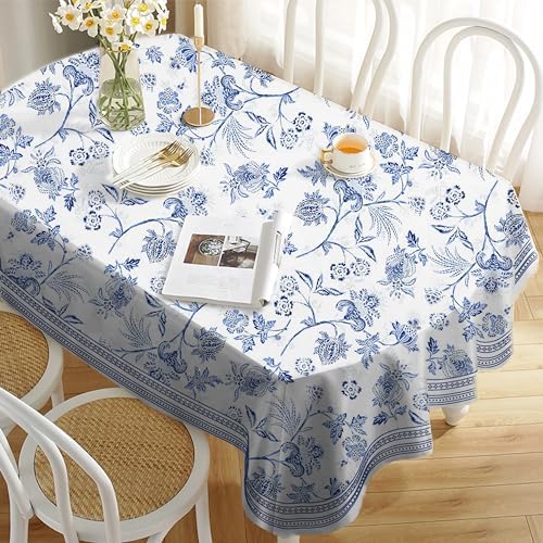 Blue Floral Oval Tablecloth 60x84 Inch, Blue and White French Country