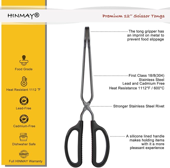HINMAY 12" Stainless Steel Scissor Tongs - Image 2
