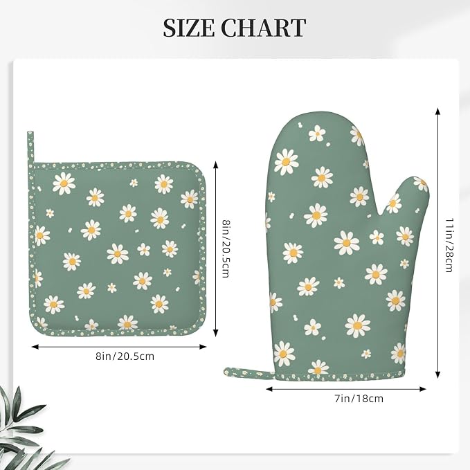 Oven Mitts and Pot Holders Daisy Flower Green Silicone Kitchen Accessories Set - Image 3