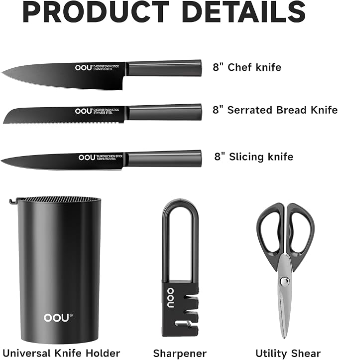 OOU Knife Set with Block and Sharpener, Dishwasher Safe Knife Set - Image 2