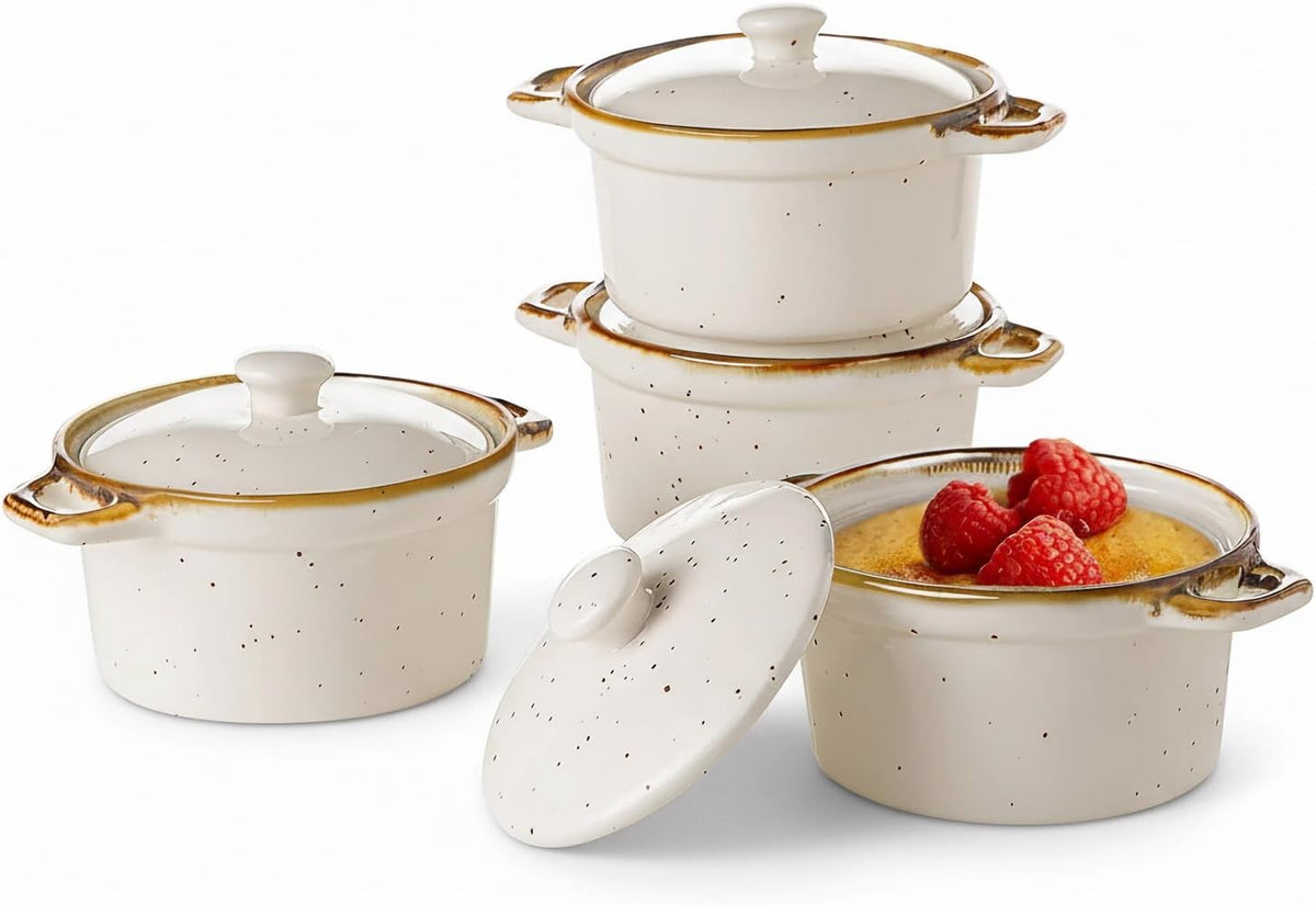 ONEMORE Mini Cocotte Set of 4, 6 oz Ceramic Ramekins with Lids and
