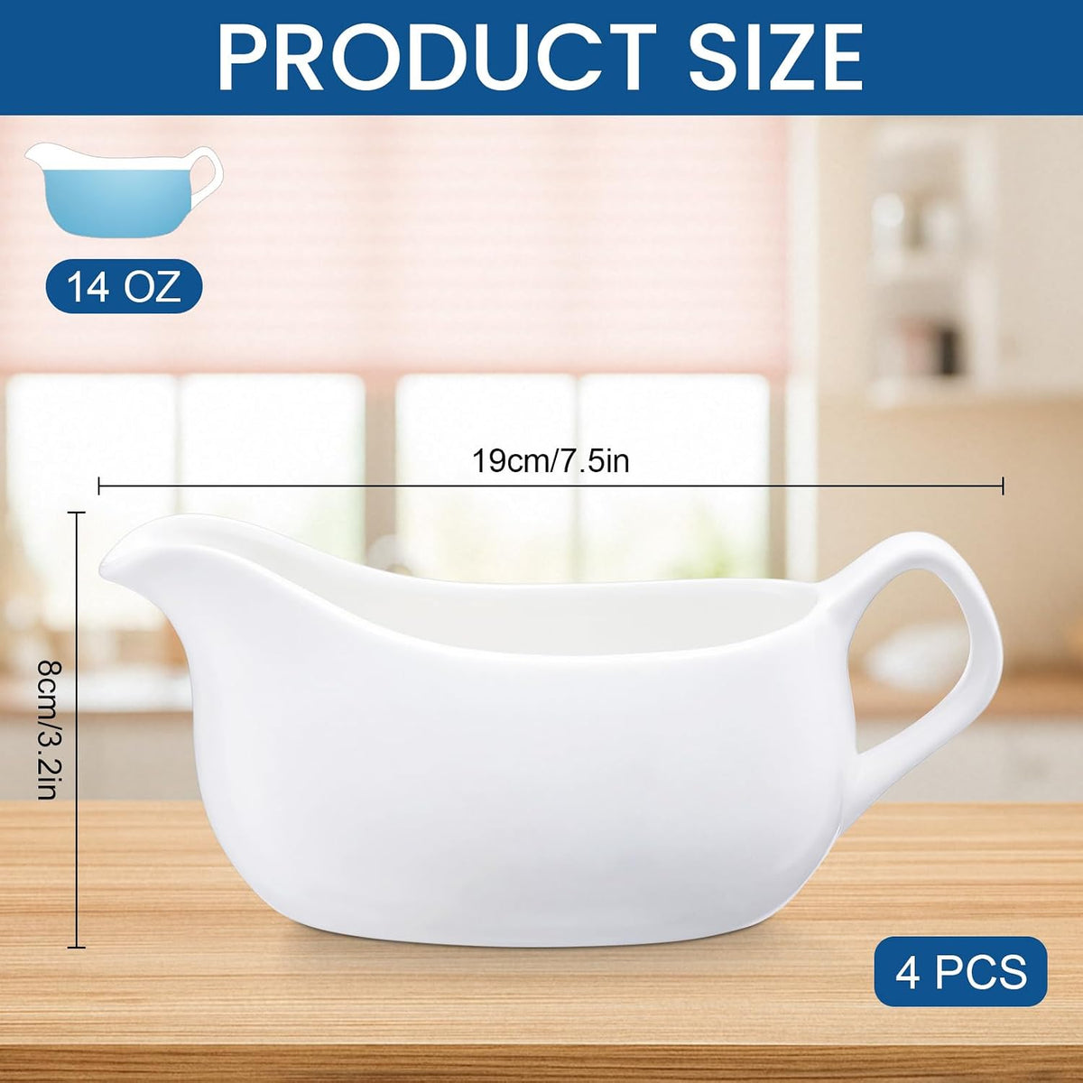 Gravy Boat Set of 4, 14 oz Ceramic Sauce Boats for Salad Dressing