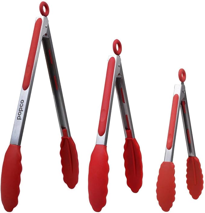 Popco 3-Piece Kitchen Tongs Set – Stainless Steel Heat Resistant Silicone Tips by POPCO