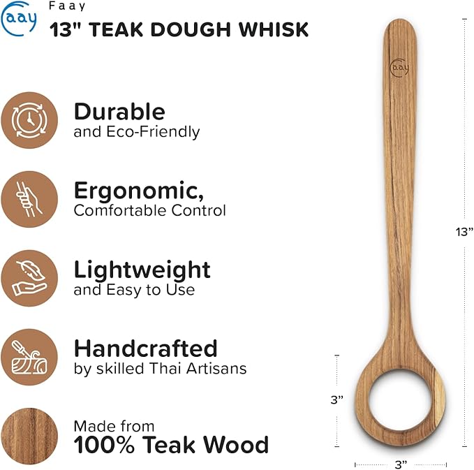 FAAY 13" Dough Whisk, 100% Healthy Teak Kitchen Utensils - Image 2