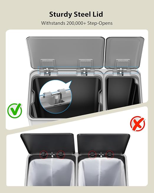 Dual Trash and Recycling Bins for Kitchen, 13.2 + 5.2 Gal Stainless Steel Trash - Image 7
