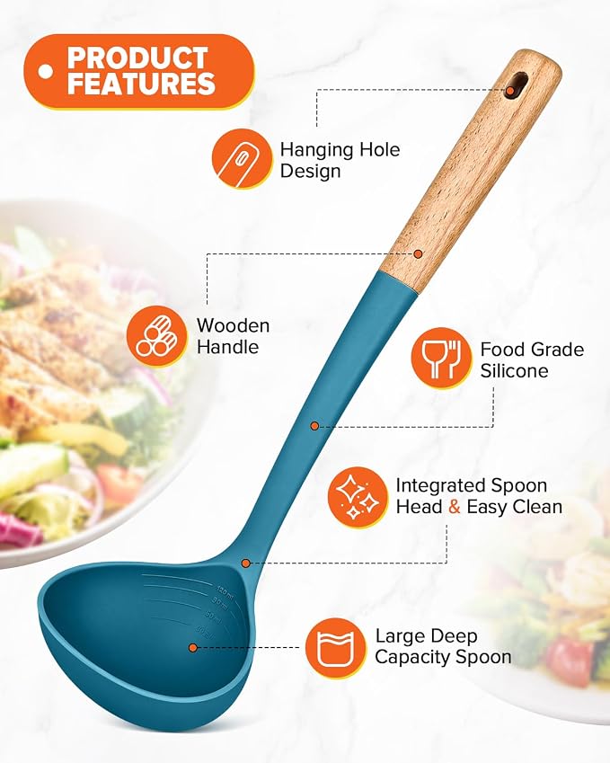 Pasta Fork and Ladle Set, and Sauce Pasta, BPA-Free Matte Silicone, Wood Handle - Image 4