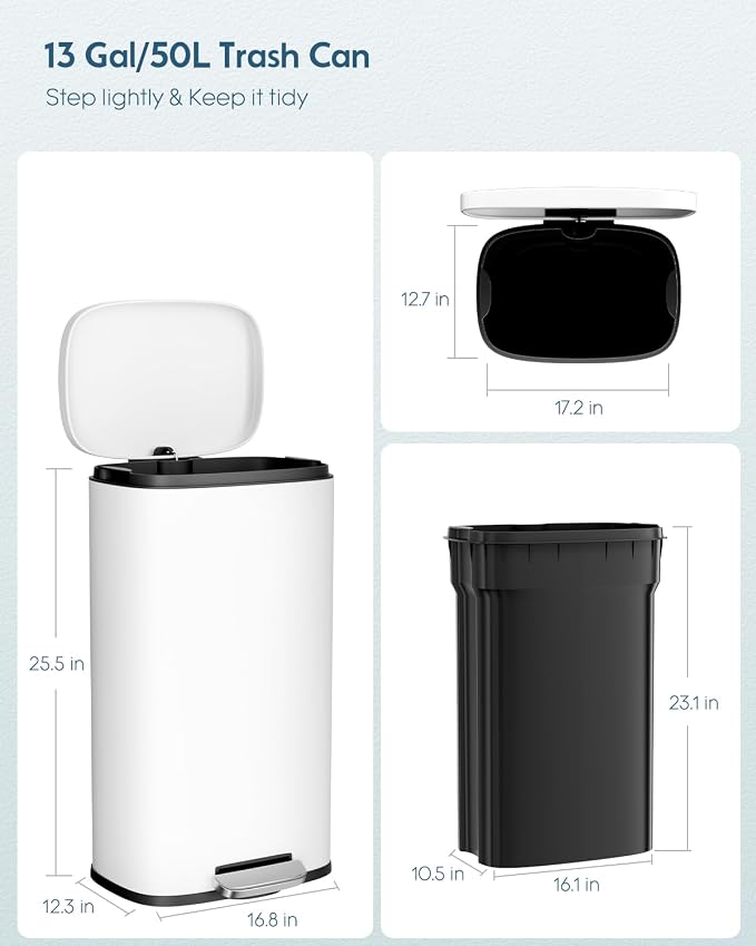 Arlopu13.2 Gallon Step Trash Can, Stainless Steel Garbage Bin, Soft-Close - Image 2