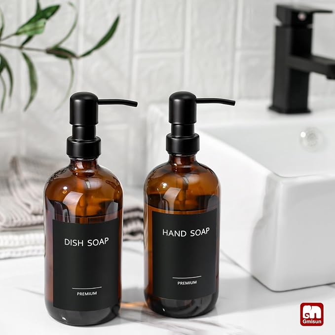GMISUN Amber Glass Soap Dispenser, 2 Pack Bathroom Hand Soap Dispensers - Image 4