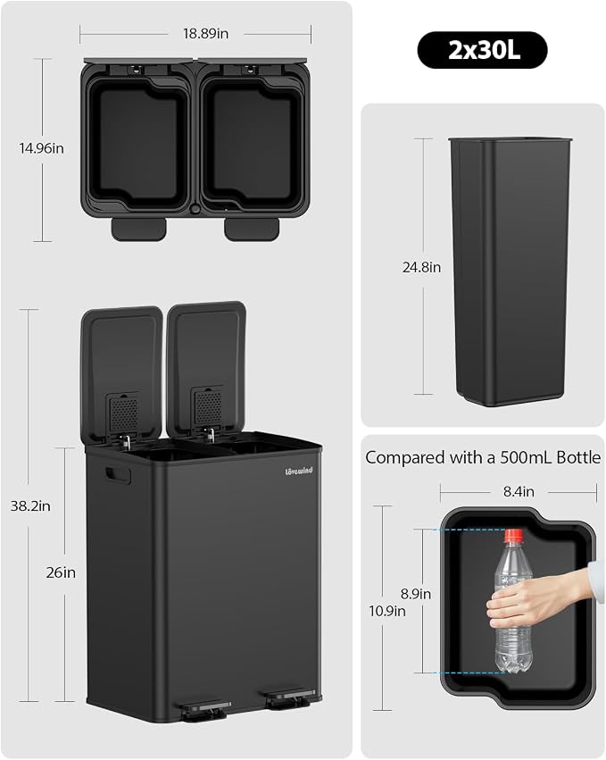 Lovewind Kitchen Trash Can, 2 x 8 Gallon Stainless Steel Trash and Recycle Bin - Image 4