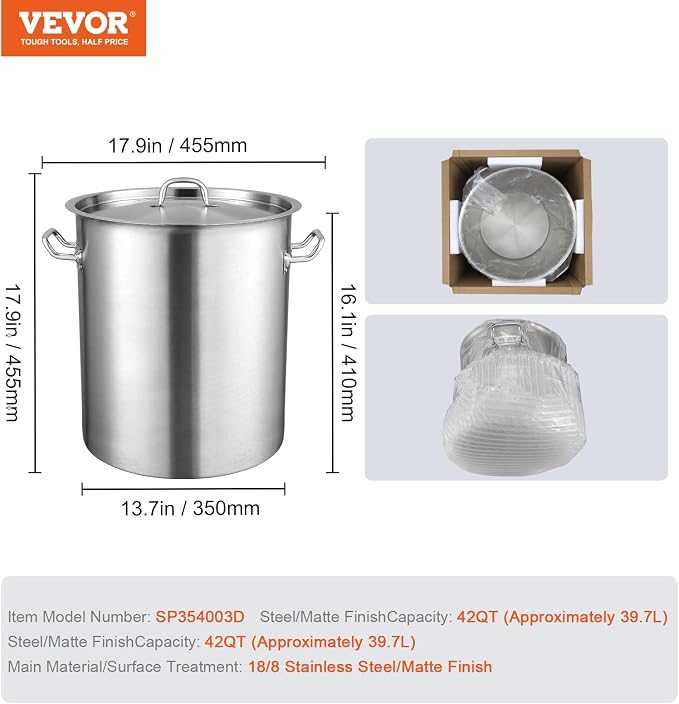 VEVOR 18/8 Stainless Steel Stockpot, 42QT Large Cooking Pots, Heavy Duty - Image 7