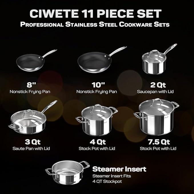 Ciwete 11-Piece Stainless Steel Pots and Pans Set Non Stick, Tri-Ply Stainless - Image 3