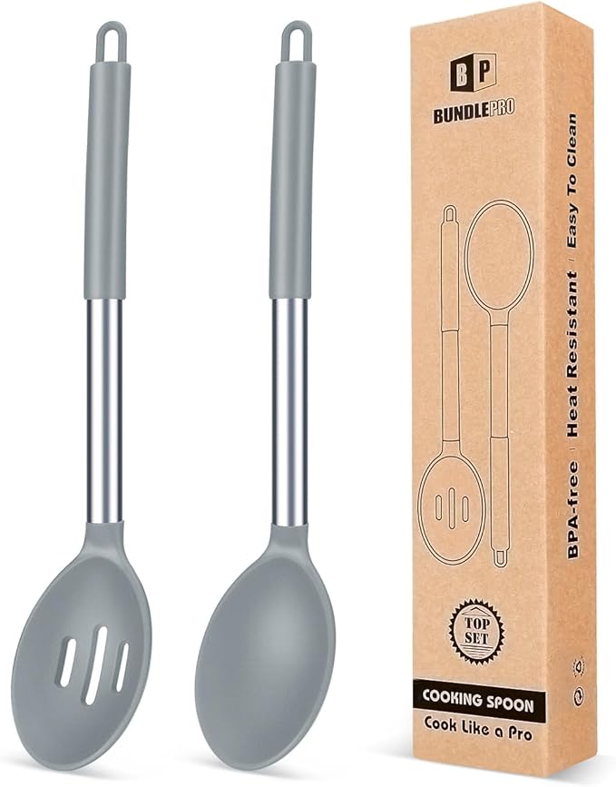 Pack of 2 Large Silicone Cooking Spoons, Non Stick Solid Basting Spoon by BUNDLEPRO